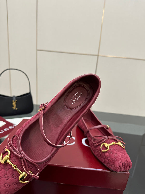 GC 25 Horsebit Ballet Flat Dark Red Monogram Suede