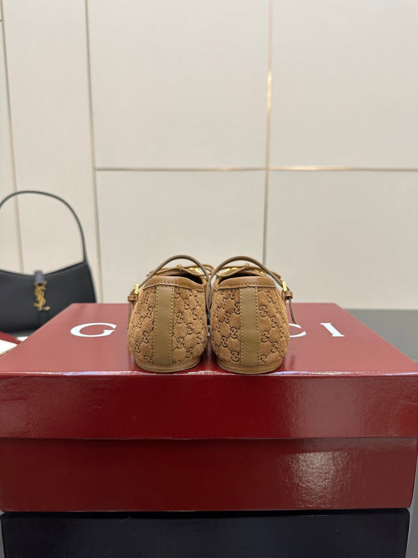 GC 25 Horsebit Ballet Flat Dark Brown Monogram Suede