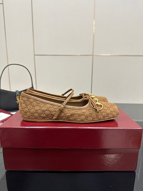 GC 25 Horsebit Ballet Flat Dark Brown Monogram Suede