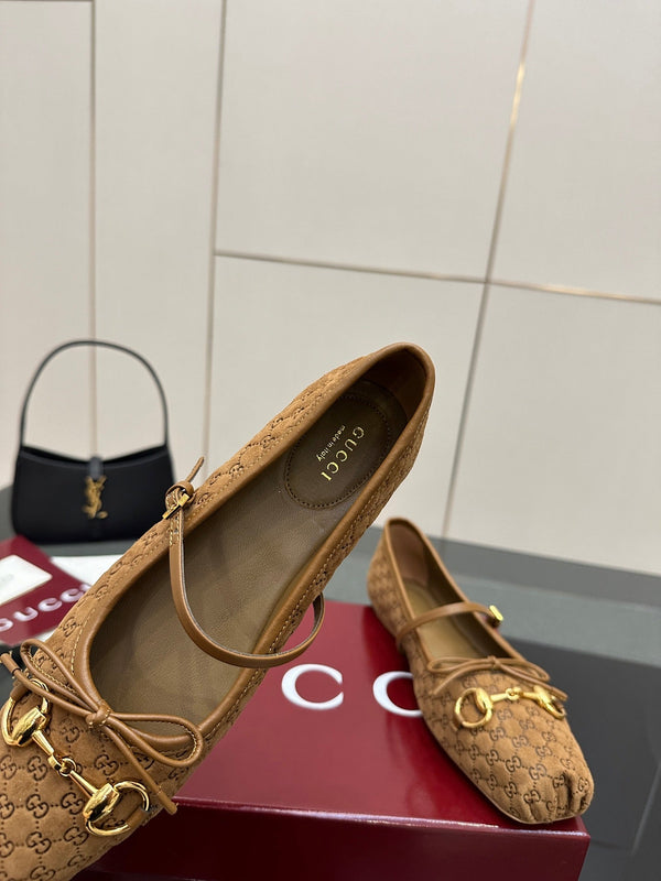 GC 25 Horsebit Ballet Flat Dark Brown Monogram Suede