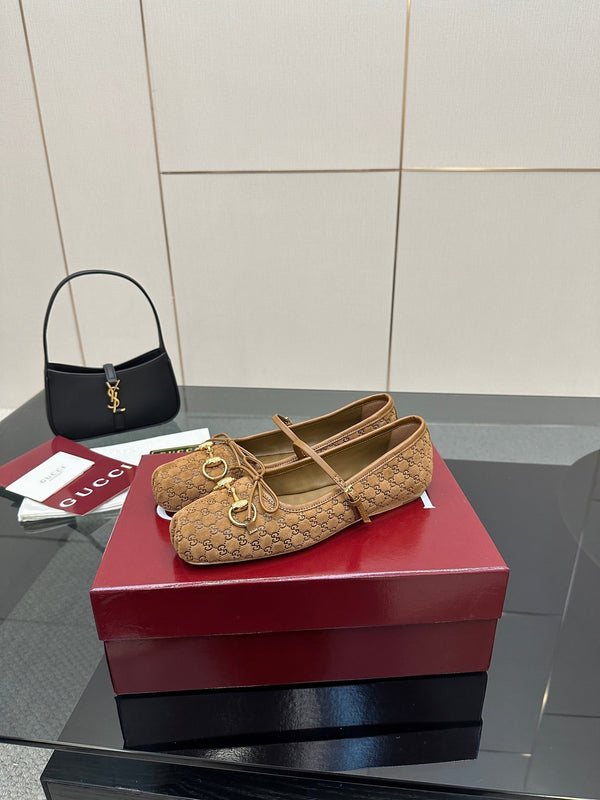 GC 25 Horsebit Ballet Flat Dark Brown Monogram Suede