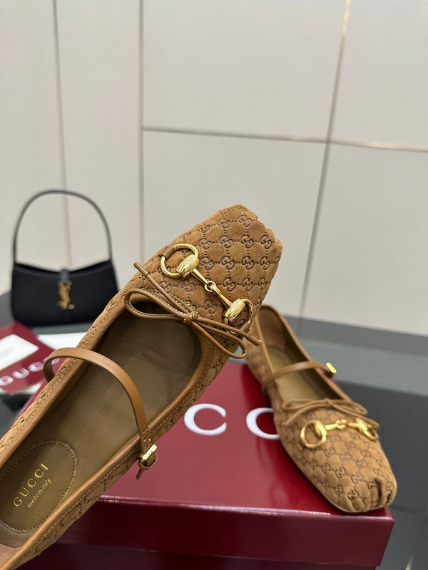 GC 25 Horsebit Ballet Flat Dark Brown Monogram Suede