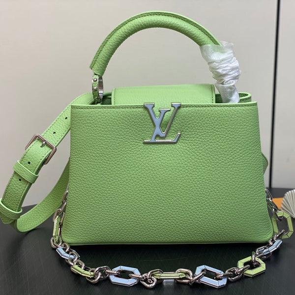 CAPUCINES BB 27 VERDE TAURILLON TURCHESE ARGENTO HARDWARE