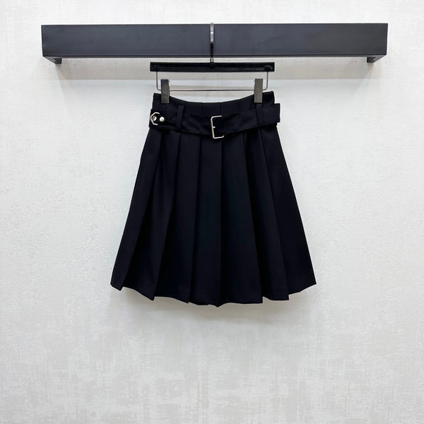 Jupe midi plissée ceinturée Prada en polyester noir 350159