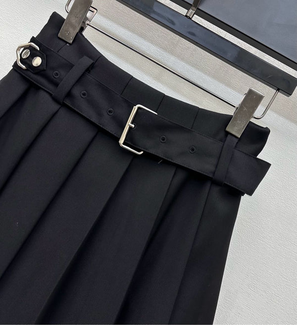 Jupe midi plissée ceinturée Prada en polyester noir 350159