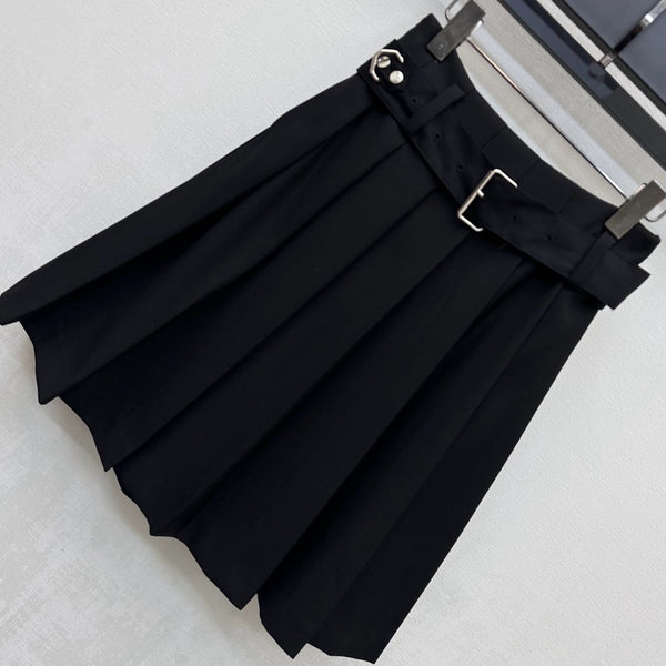 Jupe midi plissée ceinturée Prada en polyester noir 350159