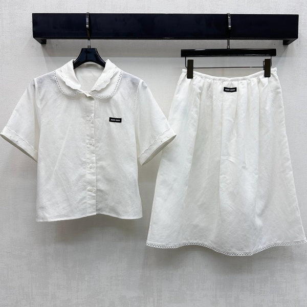 Ensemble Miu PE26 chemise à col festonné et jupe trapèze en coton et lin blanc 351916