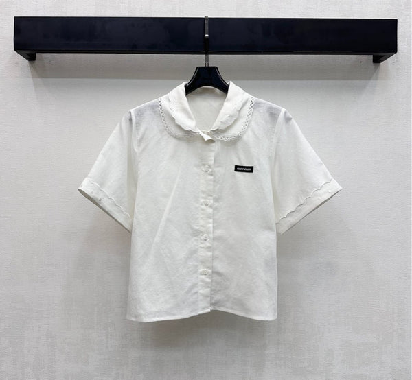 Ensemble Miu PE26 chemise à col festonné et jupe trapèze en coton et lin blanc 351916