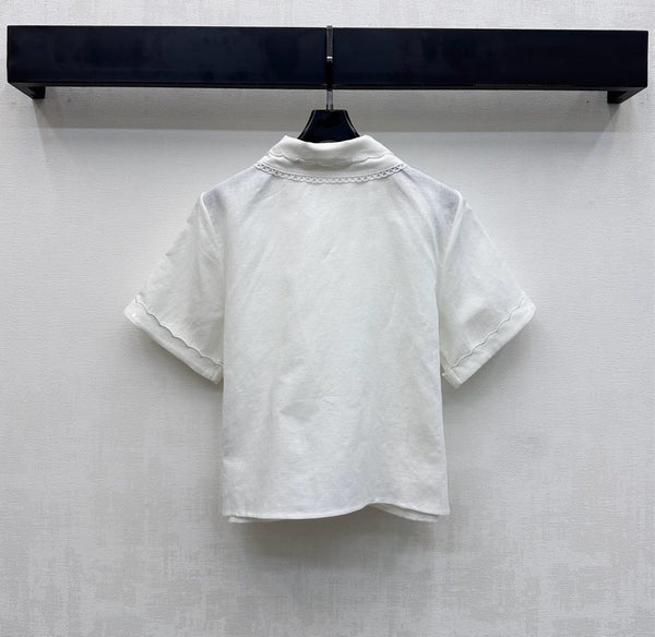 Ensemble Miu PE26 chemise à col festonné et jupe trapèze en coton et lin blanc 351916