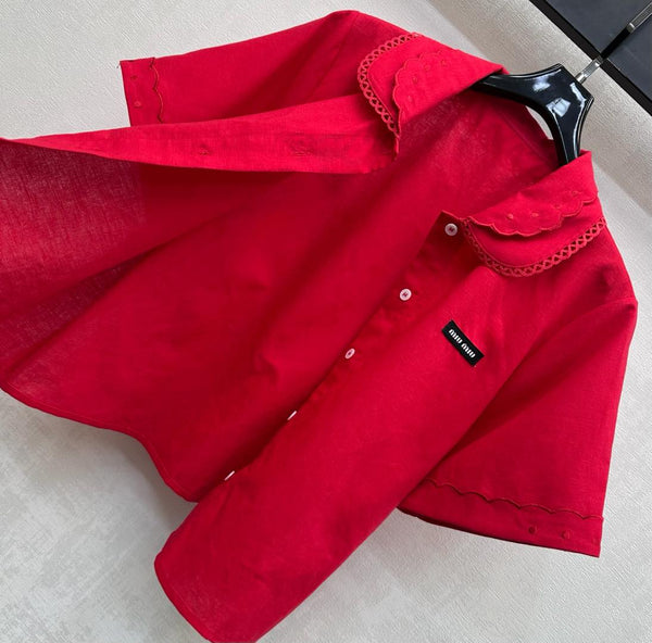 Ensemble Miu PE26 chemise à col festonné et jupe trapèze en coton et lin rouges 351911
