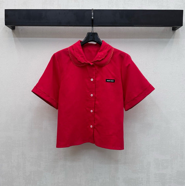 Ensemble Miu PE26 chemise à col festonné et jupe trapèze en coton et lin rouges 351911