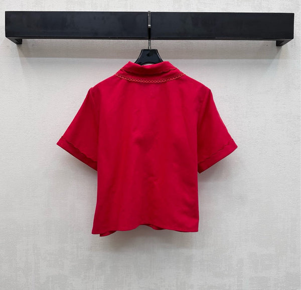 Ensemble Miu PE26 chemise à col festonné et jupe trapèze en coton et lin rouges 351911
