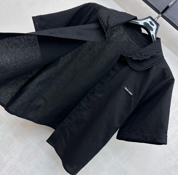 Miu PE26 Ensemble Chemise à Col Festonné Jupe Trapèze Coton Lin Noir 351921