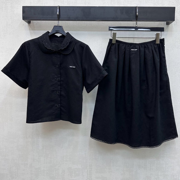 Miu PE26 Ensemble Chemise à Col Festonné Jupe Trapèze Coton Lin Noir 351921