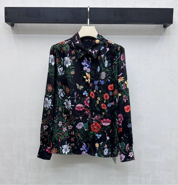 GG SS26 Flora Printed Collared Shirt Black Multicolor Silk 351779
