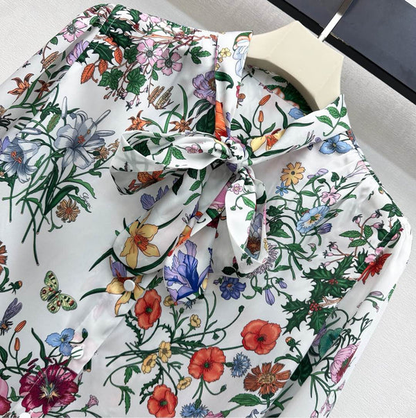 GG SS26 Flora Printed Collared Shirt White Multicolor Silk 351788