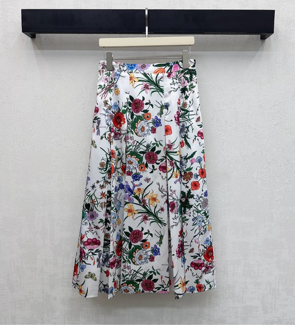 GG SS26 Flora Printed Pleated Midi Skirt White Multicolor Silk 351787