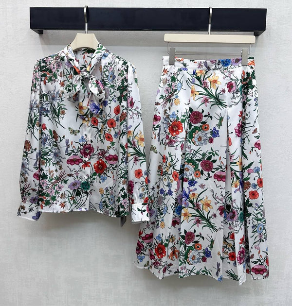 GG SS26 Flora Printed Collared Shirt White Multicolor Silk 351788