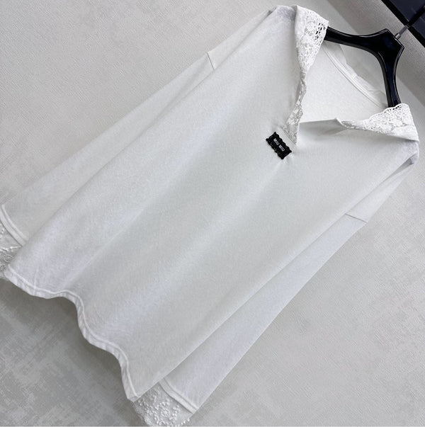 Miu SS26 Lace Hooded Long Sleeve Pullover White Wool Polyester 350278