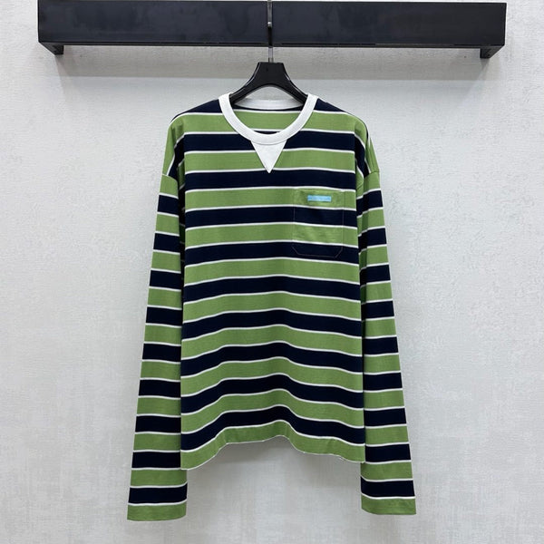 T-shirt Prada à col rond, rayé, couleur bloquée, bleu vert fougère, coton 350365