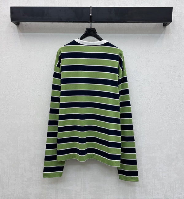 T-shirt Prada à col rond, rayé, couleur bloquée, bleu vert fougère, coton 350365