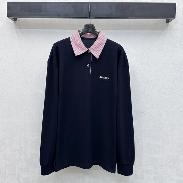 Polo surdimensionné en piqué Miu SS26, coton bleu marine 350370