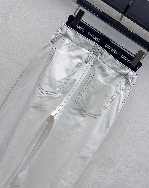 CC Pantalon à cordon en sangle Blanc Coton Tencel 350186