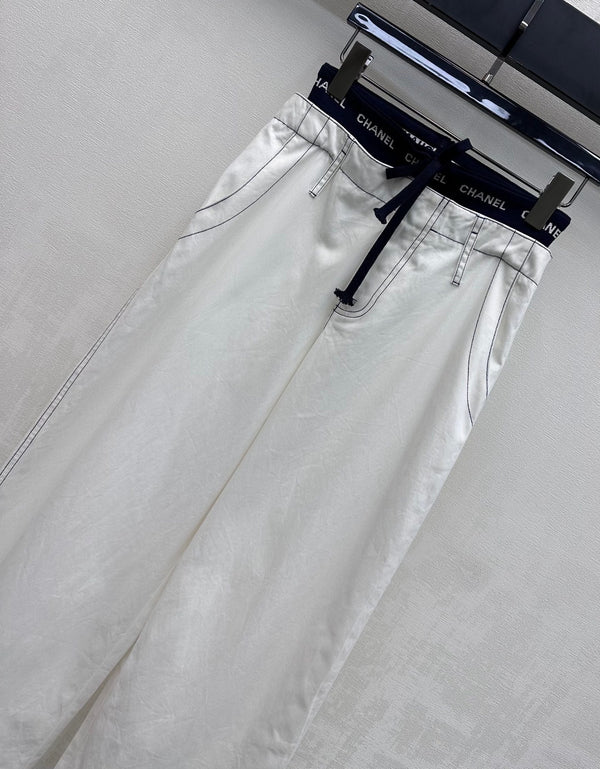 CC Pantalon à cordon en sangle Blanc Coton Tencel 350186