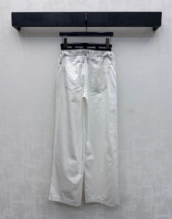 CC Pantalon à cordon en sangle Blanc Coton Tencel 350186