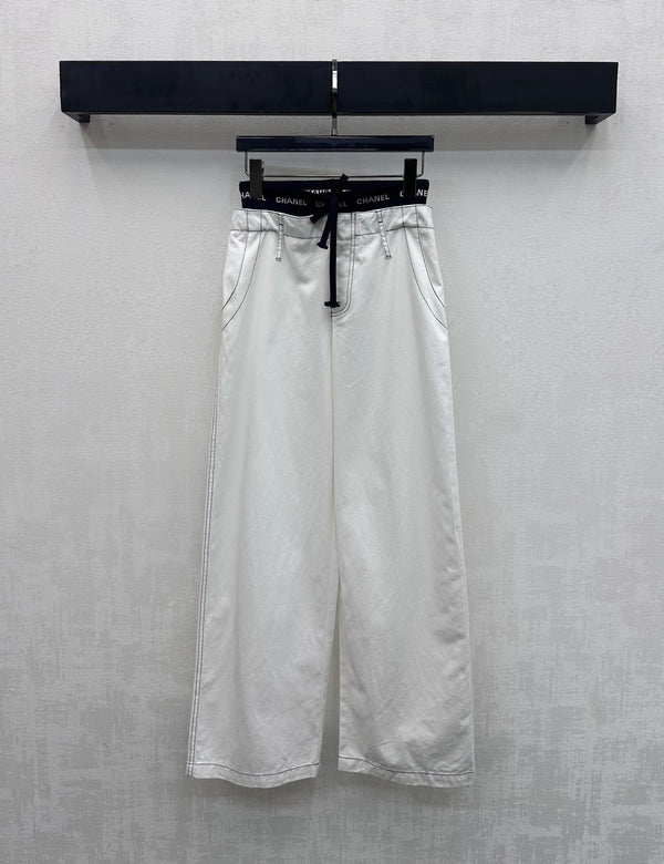 CC Pantalon à cordon en sangle Blanc Coton Tencel 350186