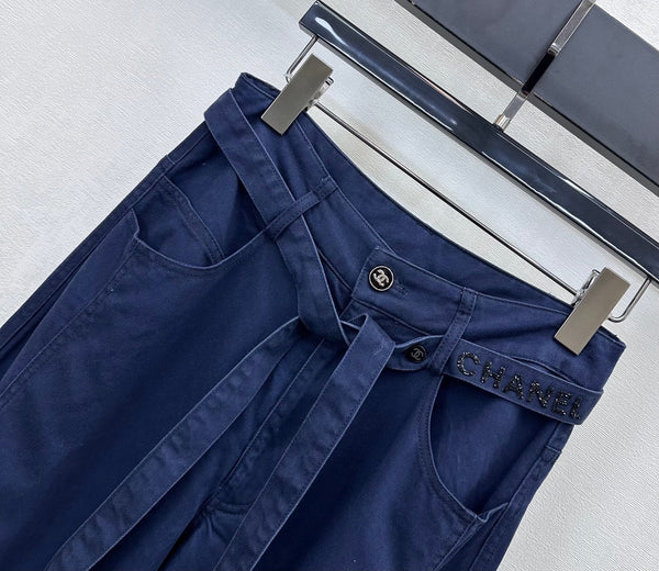 Pantalon large CC en coton et lyocell bleu marine 350200
