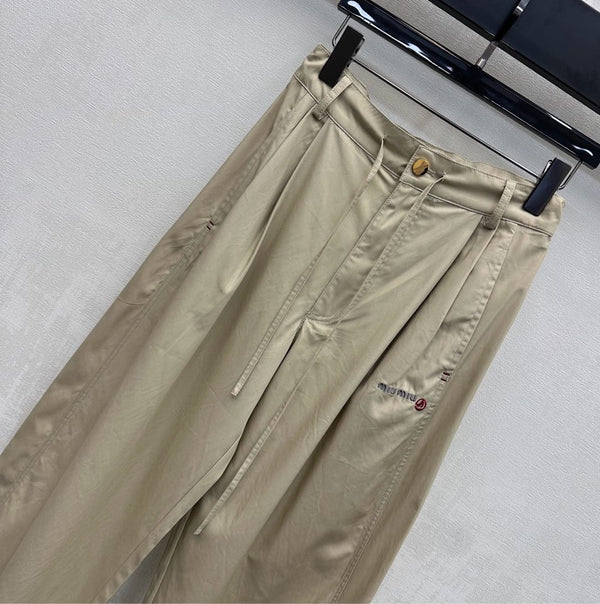 Miu Track Pants Khaki Cotton Tencel Fabric 350248