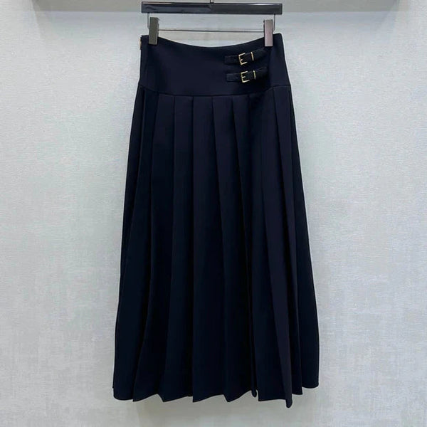 Miumiu 2026 Jupe midi plissée avec boucle en cuir Coton bleu marine 356069