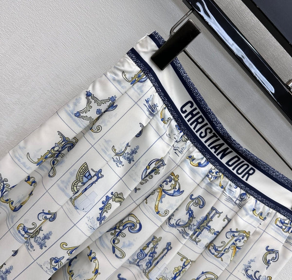 CD 26s Monogrammed Midi Skirt White Navy Blue Polyester Fiber
