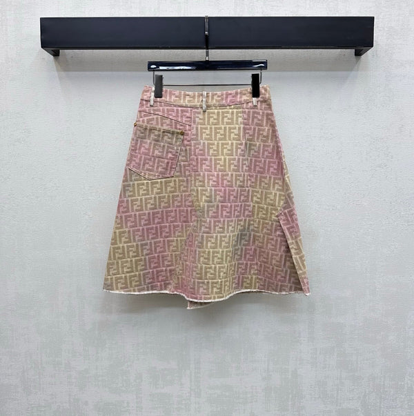 Fendi 26s Midi Skirt Beige Pink Jacquard Denim 366972