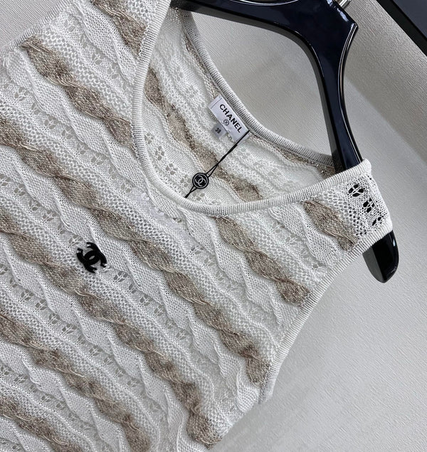 CC 26s Knitted Vest White Taupe Cotton 378379