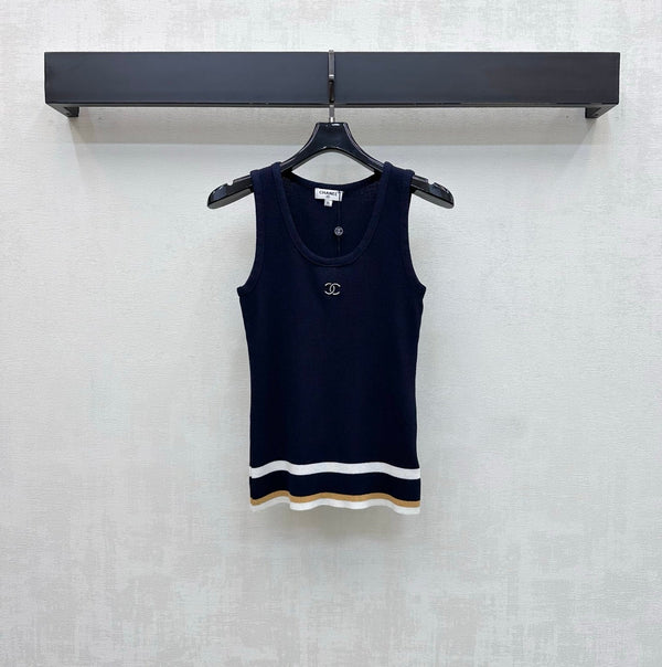 CC Striped Knit Vest Navy Blue Wool Nylon 378302