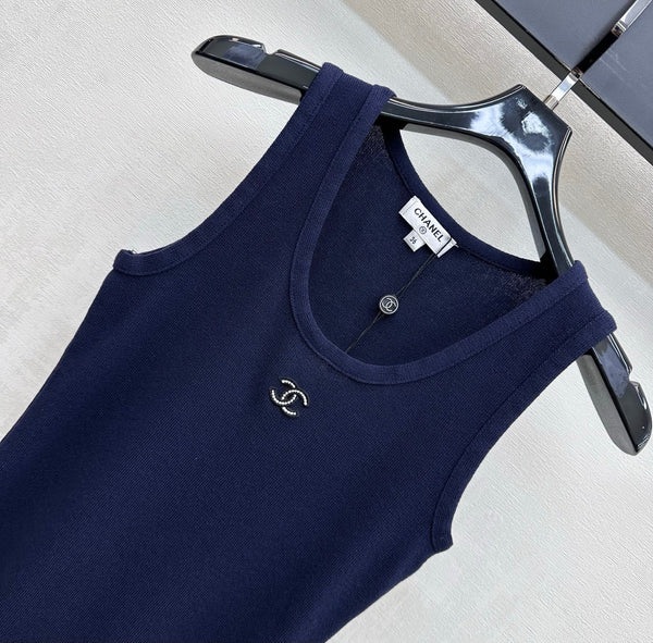 CC Striped Knit Vest Navy Blue Wool Nylon 378302