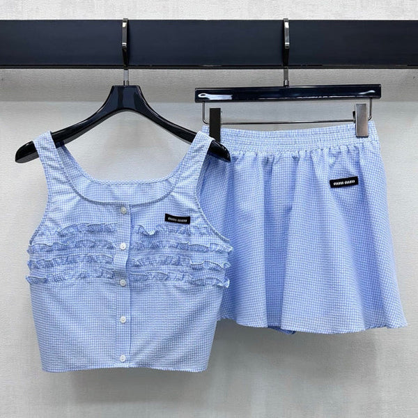 Miu 2026 Checkered Vest and Skirt Set Blue Polyester Cotton 431848