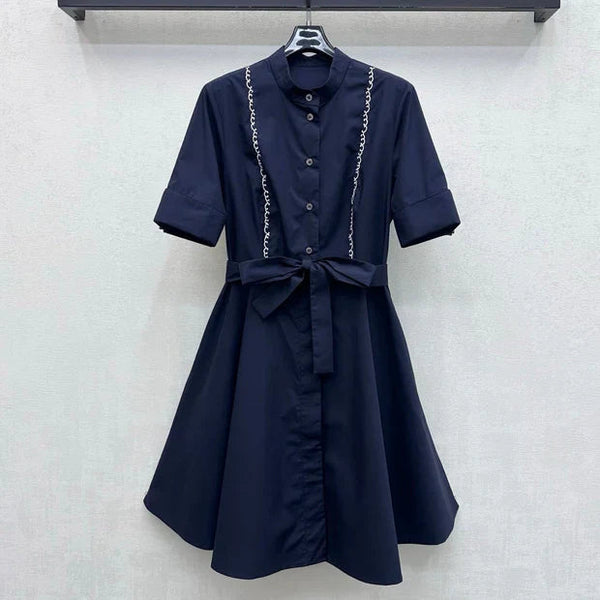 CD 2026 Wave Embroidery Belt Dress Navy Cotton 627174