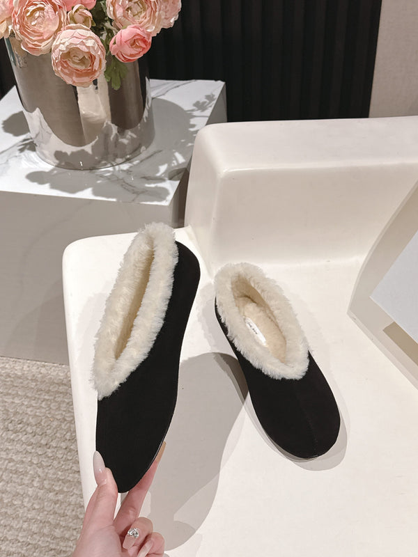 The Row 2025 Chaussures plates doublées de fourrure Mélange noir Daim blanc Laine 560505