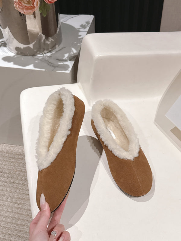 The Row 2025 Chaussures plates doublées fourrure Marron clair et Blanc Daim Laine 560507