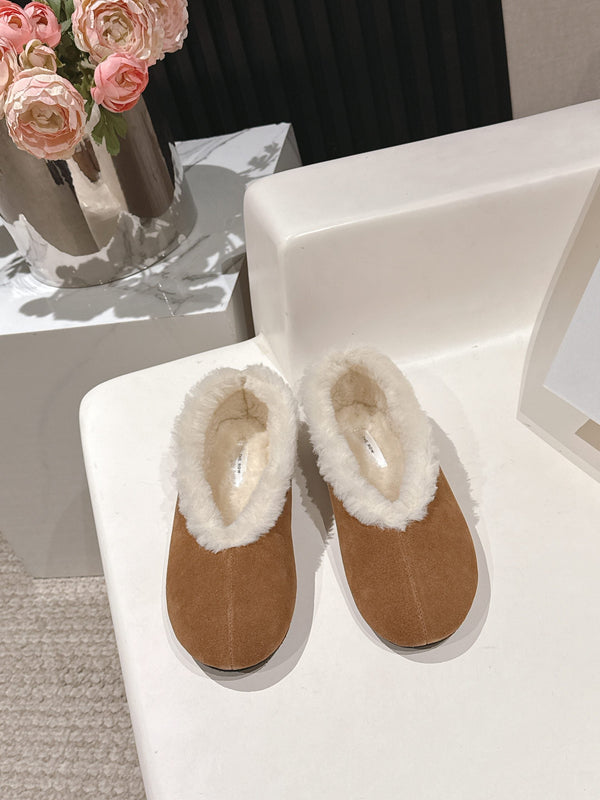 The Row 2025 Chaussures plates doublées fourrure Marron clair et Blanc Daim Laine 560507