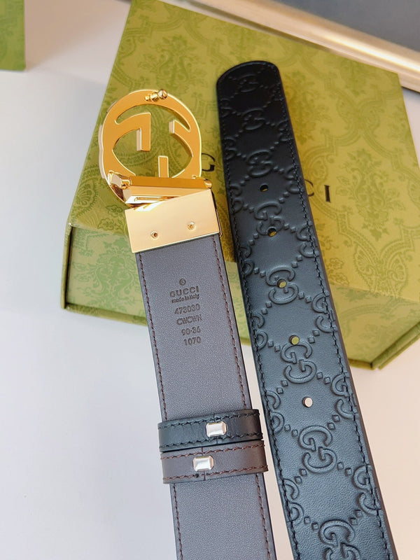Gucci Supreme Belt Gold Buckle 37mm Black Embossed Leather
