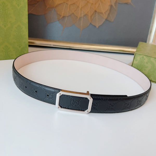 Gucci Signature Belt Sliver Buckle 35mm Black Embossed Leather