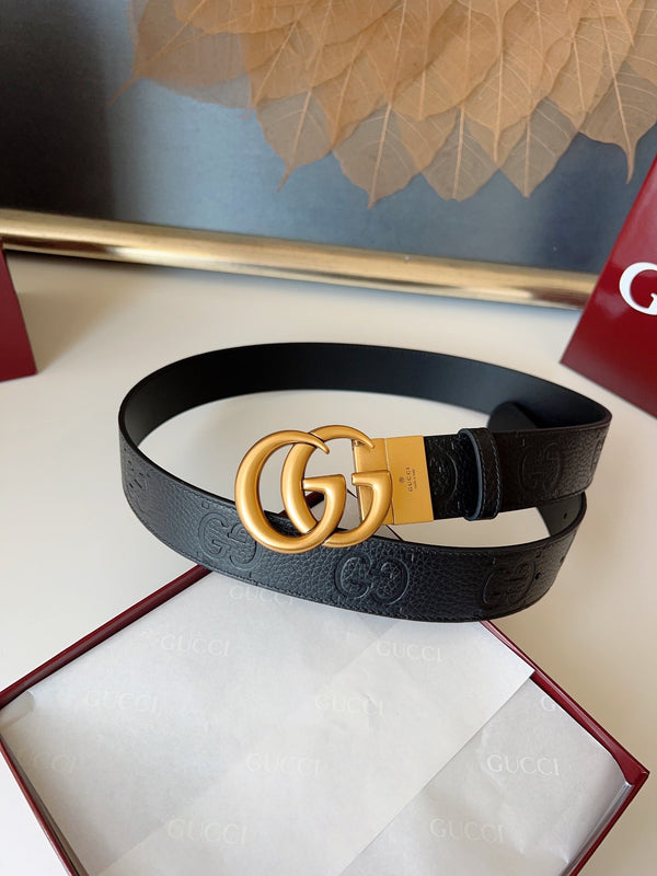 DOUBLE G MARMONT GOLD BUCKLE 37MM BLACK EMBOSSED LEATHER
