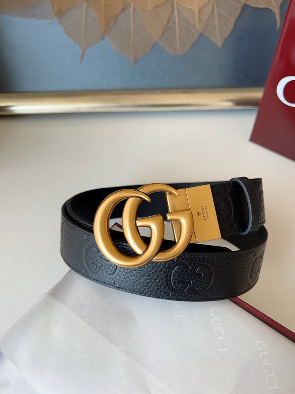 DOUBLE G MARMONT GOLD BUCKLE 37MM BLACK EMBOSSED LEATHER