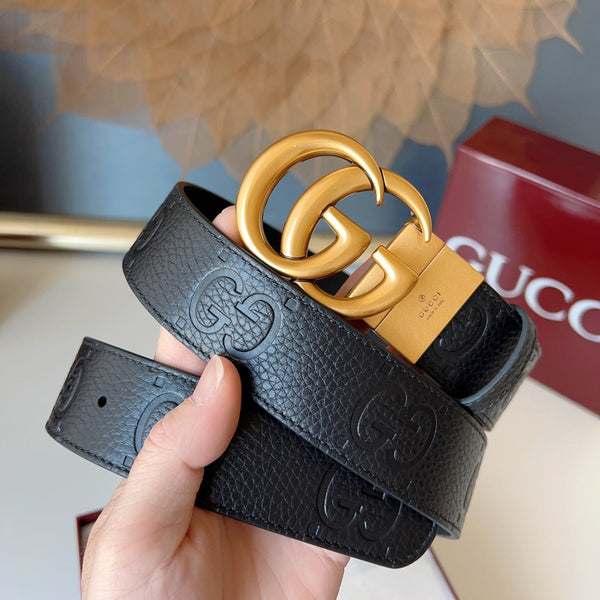 DOUBLE G MARMONT GOLD BUCKLE 37MM BLACK EMBOSSED LEATHER