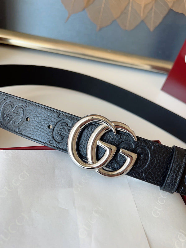 DOUBLE G MARMONT SHINY SLIVER BUCKLE 37MM BLACK EMBOSSED LEATHER