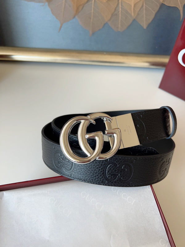 DOUBLE G MARMONT SHINY SLIVER BUCKLE 37MM BLACK EMBOSSED LEATHER